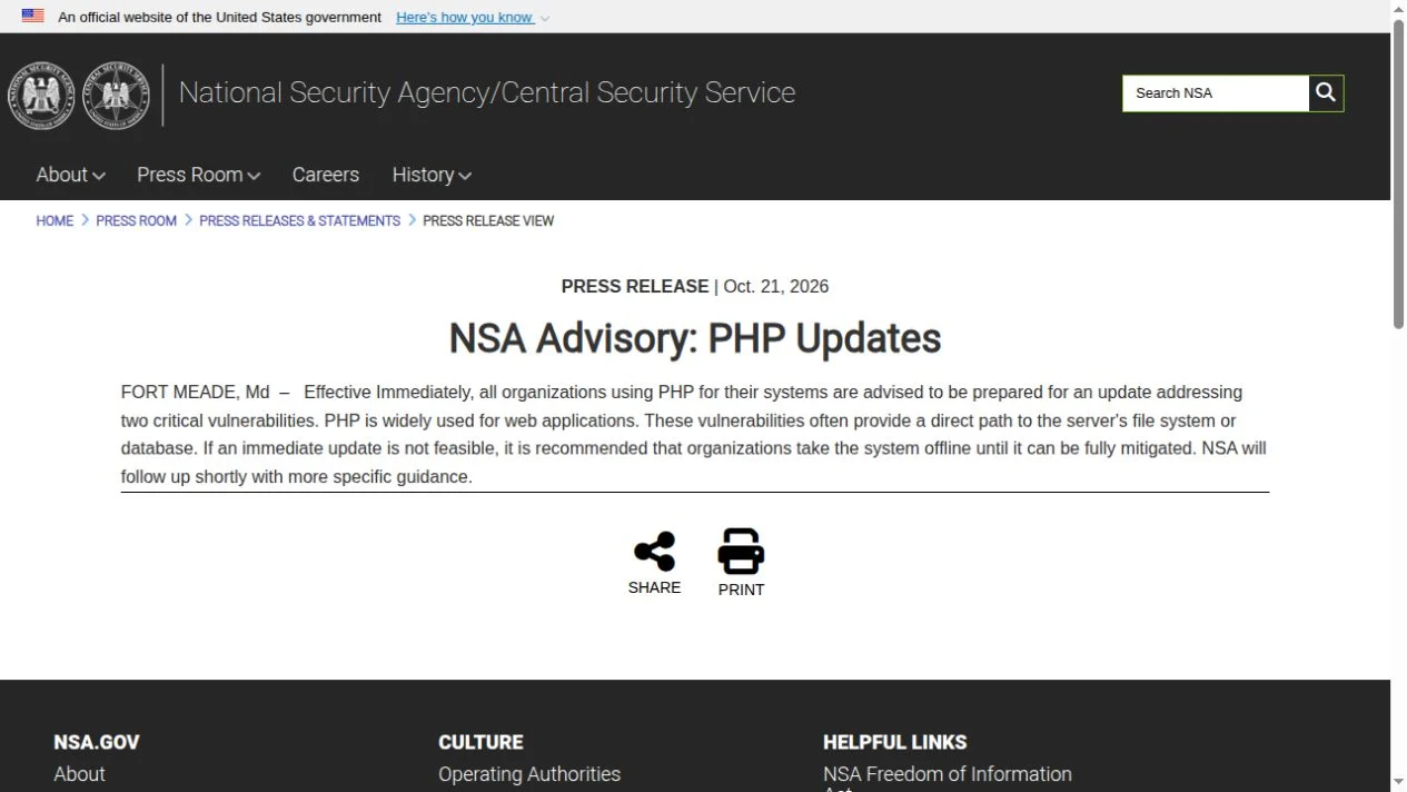 Captură a comunicatului NSA privind actualizările PHP din 21 octombrie 2026