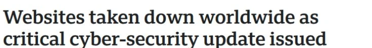 Captură a titlului publicat de BBC News: Websites taken down worldwide as critical cyber-security update issued