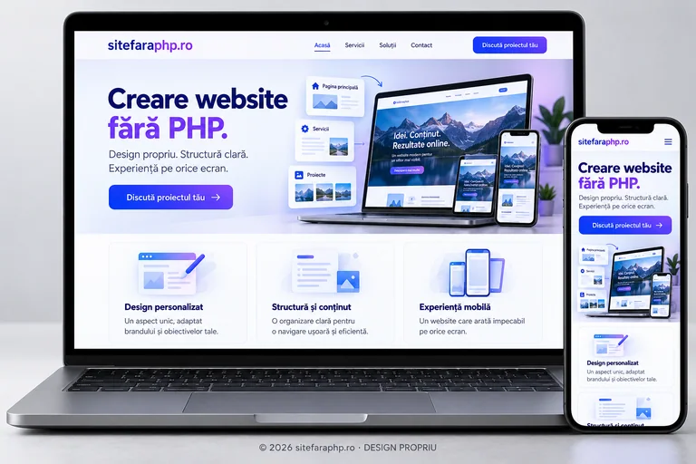 Concept sitefaraphp.ro: creare website fără php prezentat pe laptop și mobil