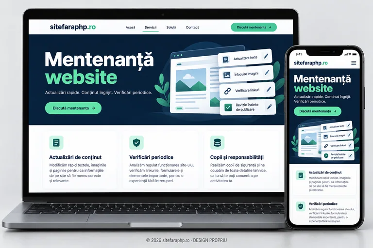 Concept sitefaraphp.ro: mentenanță website prezentat pe laptop și mobil