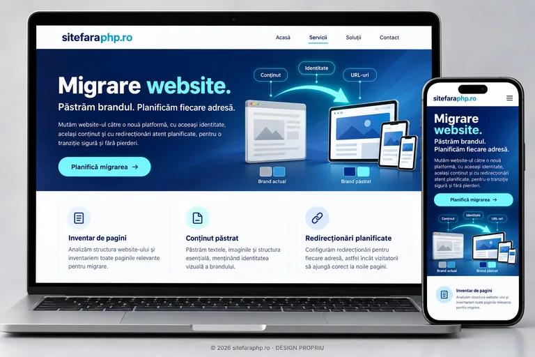Concept sitefaraphp.ro: migrare website prezentat pe laptop și mobil