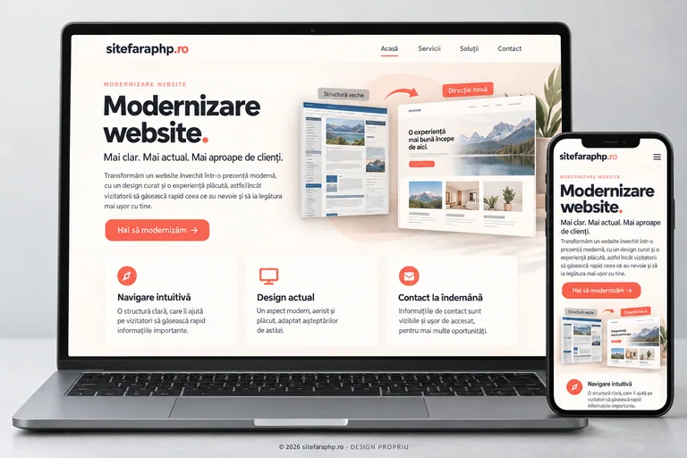 Concept sitefaraphp.ro: modernizare website prezentat pe laptop și mobil