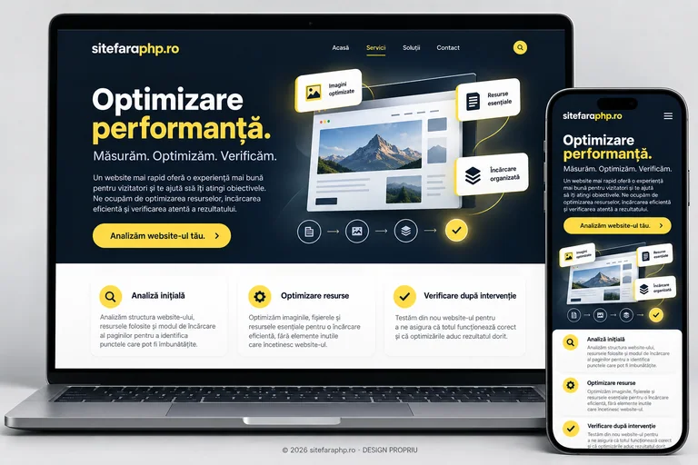 Concept sitefaraphp.ro: optimizare performanță prezentat pe laptop și mobil
