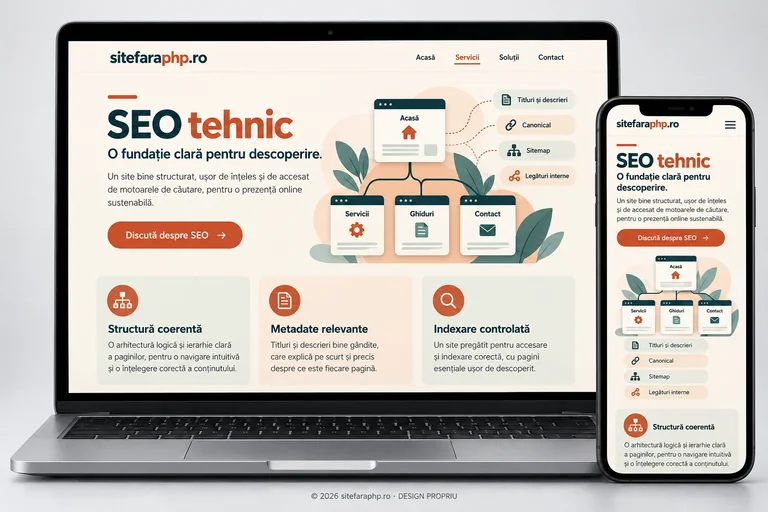 Concept sitefaraphp.ro: seo tehnic prezentat pe laptop și mobil