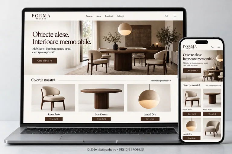 Concept Forma Objects: catalog de produse prezentat pe laptop și mobil
