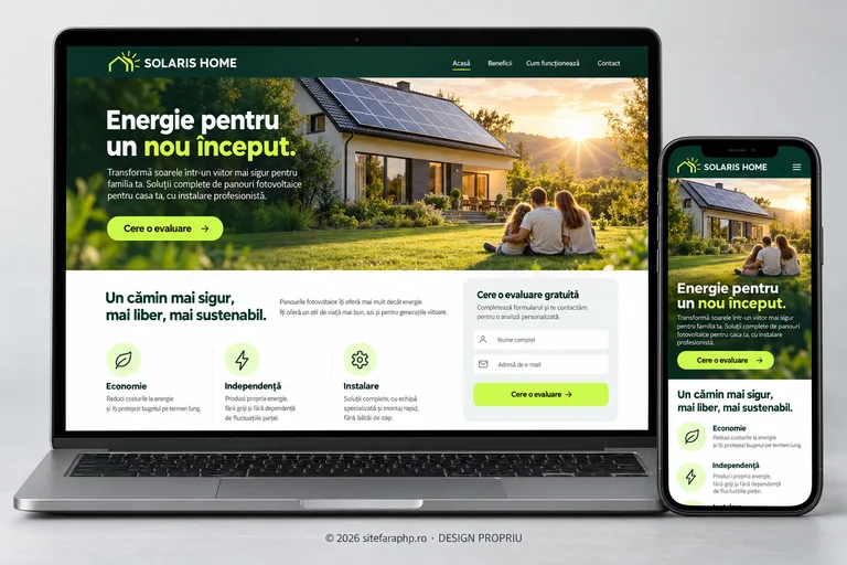 Concept Solaris Home: landing page prezentat pe laptop și mobil