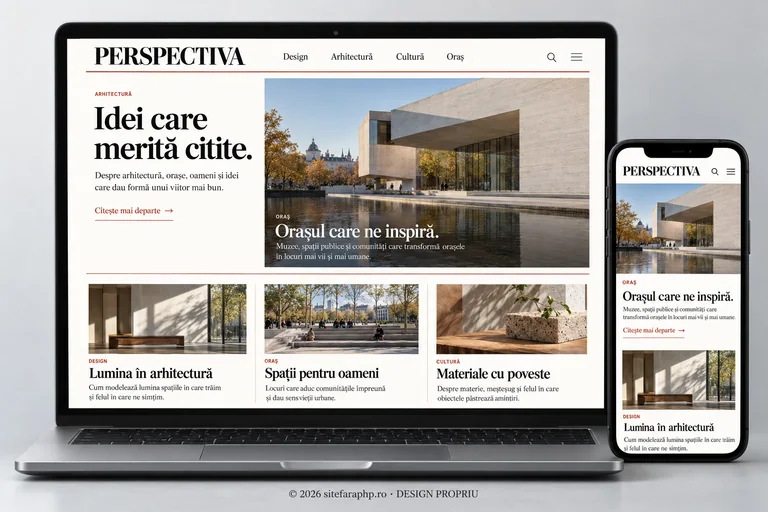 Concept Perspectiva: website editorial prezentat pe laptop și mobil