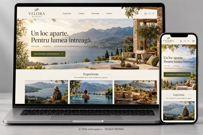 Concept Velora Retreat: website multilingv prezentat pe laptop și mobil