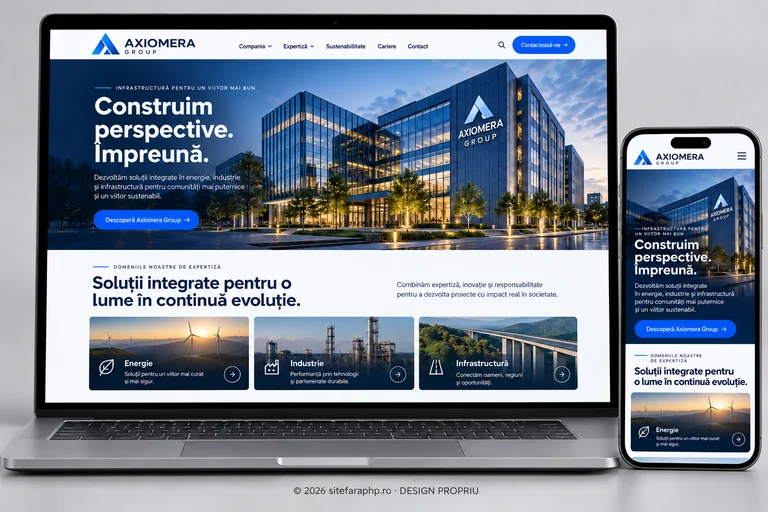 Concept Axiomera Group: website corporate prezentat pe laptop și mobil